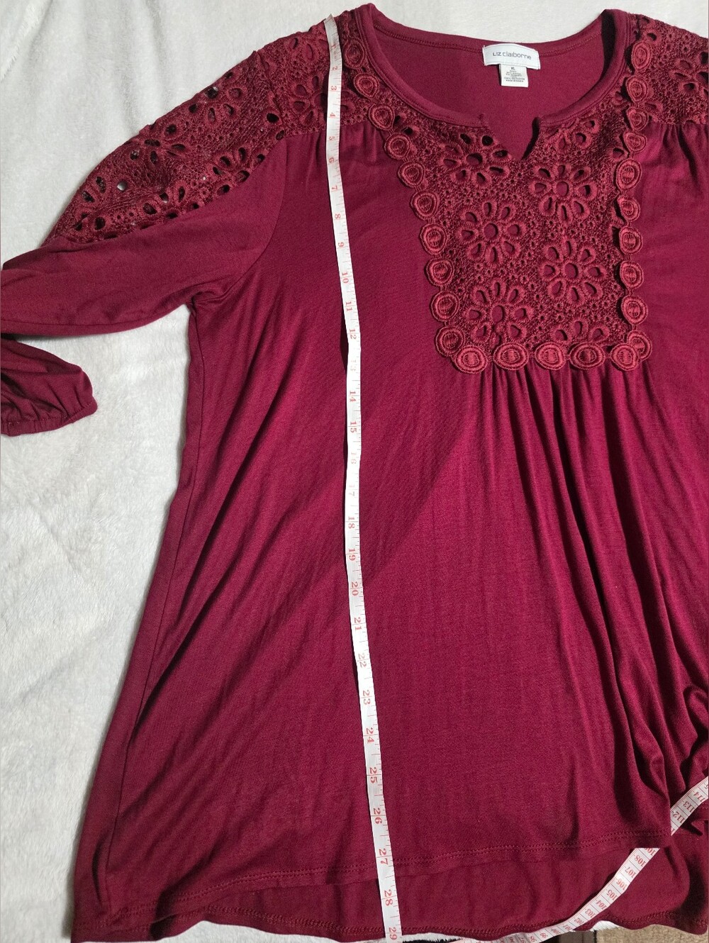 Liz Claiborne XL Burgundy Crochet Lace Boho Peasant Tunic Top 3/4 Sleeve - Picture 8 of 9